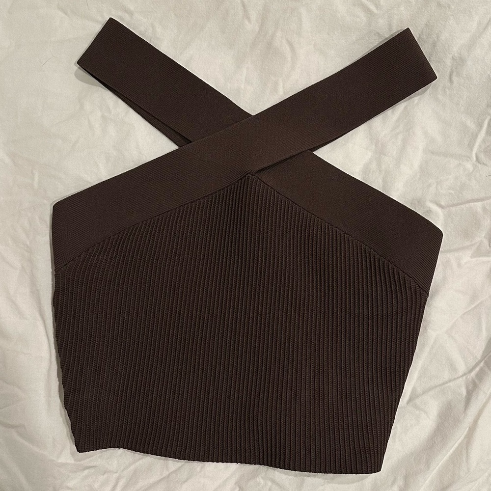 Aritzia Babaton Sculpt Knit Criss Cross Cropped Tank (Rich Mocha Brown)